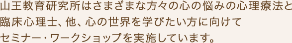 山王教育研究所はさまざまな方々の心の悩みの心理療法と臨床心理士、他、心の世界を学びたい方に向けてセミナー・ワークショップを実施しています。